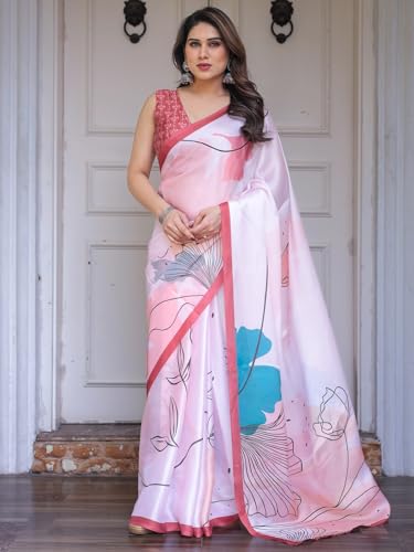 Image of ALMAARI FASHION Women's Floral Printed Georgette Satin Saree with Unstitched Blouse Piece | Traditional Ethnic Wear Sarees | Soft Lightweight Ethnic Office Wear Daily Wear Indian Sari (SG 181-190 F)