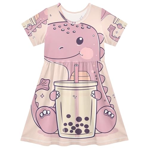Toddler Girls' Dresses 2t Dinosaur Holding Bubble Tea Summer Short Kids Western Dress Children