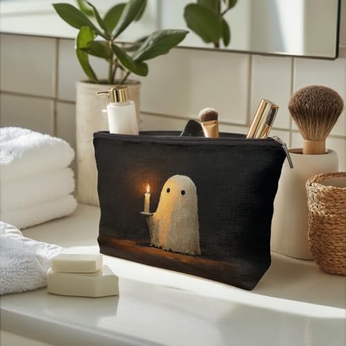 Halloween Spooky Ghost Holding Candle Makeup Bag,Vintage Halloween Ghost Cosmetic Bags Gifts for Women, Horror Spooky Makeup Zipper Pouch for Travel Gift4