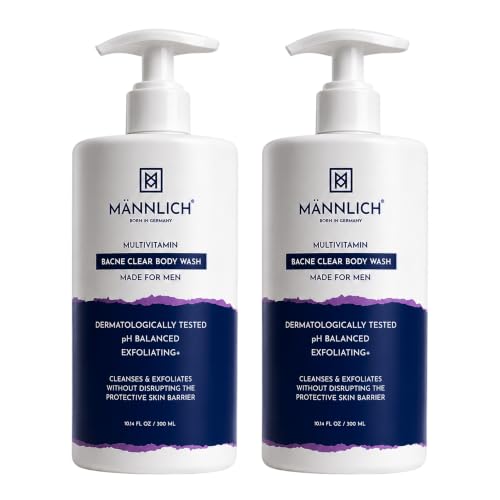 Image of Mannlich 2% Salicylic Acid Body Acne Wash for Men (300 ml) Pack of 2 - Bacne Clear Body Wash Men Shower Gel - 3% Niacinamide Prevents Body Acne, Exfoliates & Nourishes Skin - Suitable for All Skin Types - Paraben & SLS Free