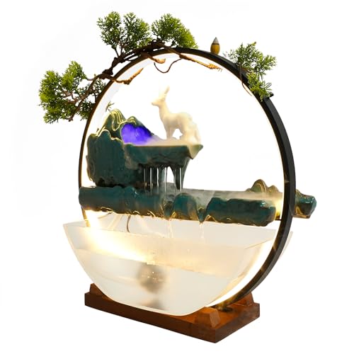 Tabletop Decoration Water Fountains Indoor Waterfall Fountains Humidifie with LED Light and Atomizer, Japanese Zen Decor for Meditation Fake Plants Bonsai Gift Feng Shui Decor