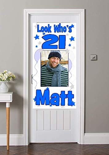 Personalised Birthday Banner for Boys & Men – Blue & Silver Milestone Party Decoration with Name, Age & Photo Door Poster