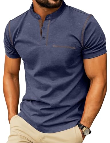 Mens Henley T-Shirts Short Sleeve Summer Casual Crew Neck Tshirt Tops with Front Pocket Blue L