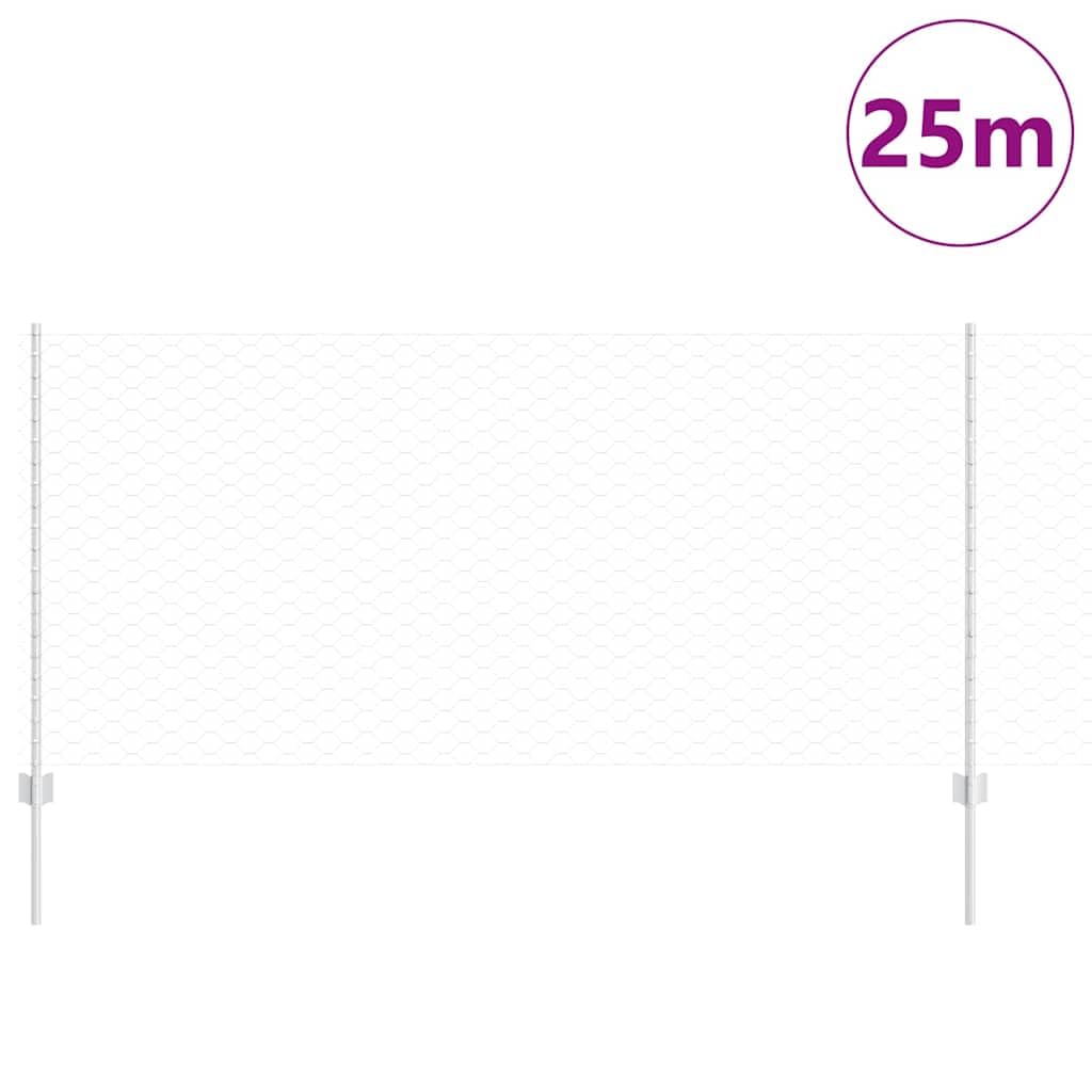 Ogrodzenie sześciokątne ze słupkami, 25 m x 1 m, stal ocynkowana, srebrna siatka, odporna na warunki atmosferyczne, odporna na rdzę, do ogrodu, na taras, balkon, ochrona przed wzrokiem