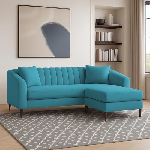 Image of Casaliving Doraldo 4 Seater L Shape Convertible Sofa Set for Living Room, 3 Seater & Ottoman Modular Sectional Couch for Small Space (Turquise Colour) Fabric Sofa