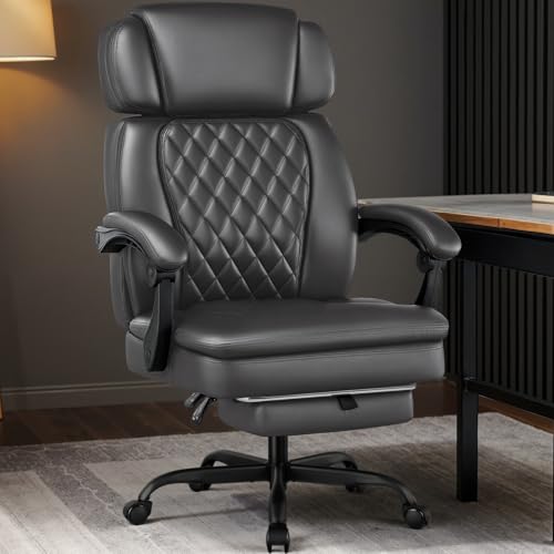 Image of 400lbs Executive Office Chair with Foot Rest for Heavy People, Ergonomic Big and Tall Desk Chair with Adjustable Headrest, High Back PU Leather Comfy Heavy Duty Computer Chair with Spring Cushion