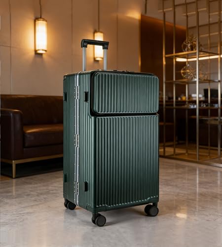 Image of feilario 30in Super Large Captain Aluminum Frame Hardside Spinner Wheels Luggage, Zipperless Checked Suitcase with Front Compartment /Cup Holder /Phone Holder (Forest green,30in)
