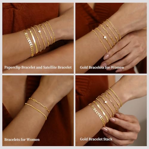 Gold Bracelets for Women trendy,Dainty14K Real Gold Plated Bracelets Set for Women,Thin and Stackable Bracelet Pack,Non Tarnish Cuban Link Chain Bracelets,Waterproof Jewelry Gifts for Women2