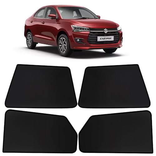 Image of OTO2EYE Car Sun Shade Compatible for Swift Dzire Model-2024 to 2025, Z-Black Fix Type Side Window Curtains, Only Half Cut in Front Window, 4 Pieces Set