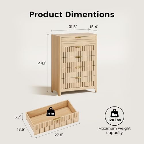 Image of Fluted 5 Drawers Dresser for Bedroom, 44'' Tall Wooden Chest of Drawers with Metal Handles, Modern Dresser TV Stand, Wood Clothing Storage Organizer for Living Room, Entryway, Natural Oak