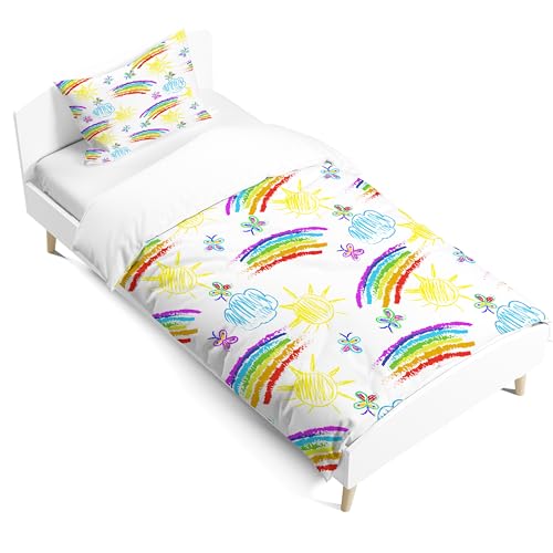 PORJDN Housse de Couette Enfant Fille Arc-en-Ciel, taie d'oreiller Housse de Couette, Nuages ​​en Style Dessin animé, Parure de lit avec Fermeture éclair...