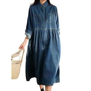 [Over the moon] デニムワンピース レディース 長袖 デニムシャツワンピース マタニティ チュニック 着痩せ 40代 無地 秋 ブルー L" 