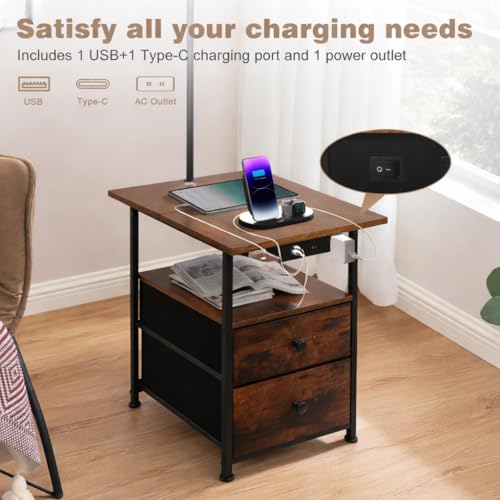 Image of PESRAE Floor Lamp with Table & 2 Drawers, End Table with Lamp | Charging Station with USB, Type-C & AC Outlet; 9W LED Bulb with 3 Color Temperatures for Bedroom, Living Room & Home Office