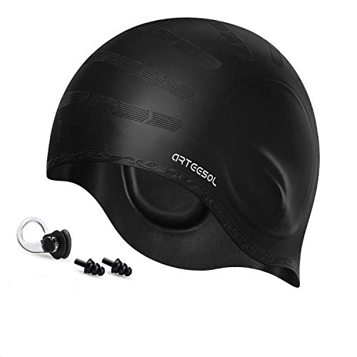 arteesol Swim Cap, Swimming Cap 1pcs/2pcs Silicon Women Waterproof No-Slip Swimming Caps for Men Kids Adults (Black, 1pcs)