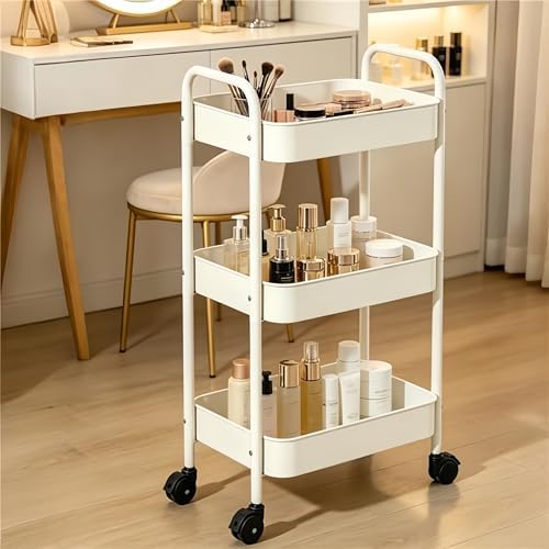 3-Tier Rolling Cart with Wheels, Multifunction Utility Storage Carts, Kitchen Storage Organizer, Mobile Shelving Unit for Bathroom, Laundry, White - 4