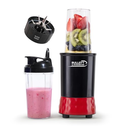 Image of Bullett by Wonderchef, 500W Mixer Grinder Blender Smoothie Maker, 22000 RPM, 2 Jars, Stainless-Steel Blade, Sipper Jar & Lid, 2-Yr Warranty, Black & Red