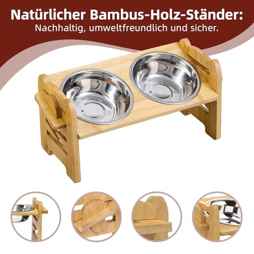 DOKKOME Hundenapf Höhenverstellbar Futternapf Erhöht Hundebars für Hunde mit Bambus Ständer für kleine Hunde und Katzen Futterstation rutschfest Edelstahlnäpfe Gelenkschonend