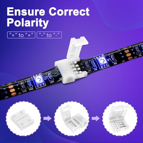 REDTRON LED Light Strip Connectors - 4 Pin RGB 10mm Solderless Kit for SMD 5050/3528 LED Strips - Includes Gapless Line, L Shape & T Shape Connectors