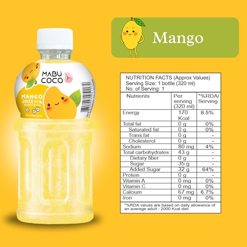 Mabu Coco Juice With 25% Nata De Coco | Refreshing Taste | Assorted Flavours: Lychee, Mango, Strawberry (From Grape Concentrate) | Pack of 6 (320ml Each)