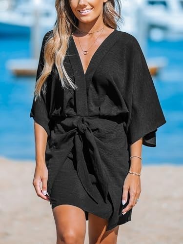 Image of CUPSHE Womens Vacation Mini Summer Dress V Neck Kimono Sleeve Belted Flowy Loose Resort Wear Casual Beach Cover Up Dress