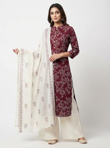Image of Yash Gallery Women's Pure Cotton White Floral Rubber Print A-line Kurta Pant Set with Dupatta with Fancy Front Buttons, One Side Functional Pocket