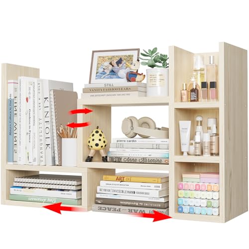 NUTIKAS Desk Shelves Desktop Orgnizer Shlef - Natural Wood Tone Office Organization for Top of Desk Organizers and Accessories Corner Bookshelf Table Top Shelving Small Hutch Decorations for Office