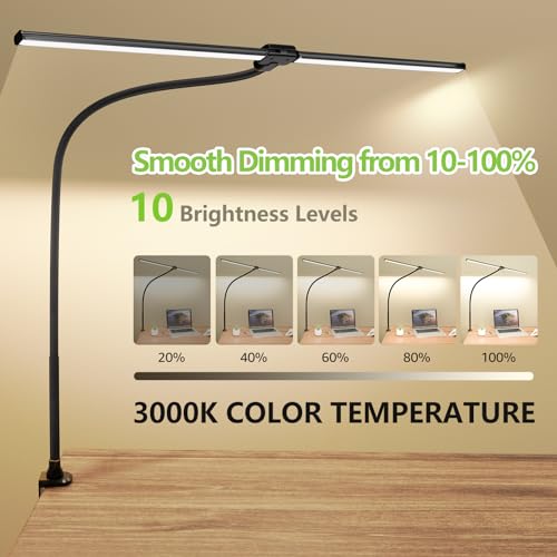 Image of ShineTech LED Desk Lamp for Home Office, 3000K Warm White Double Head Architect Task Lamps with Clamp, Dimmable Adjustable Flexible, Black