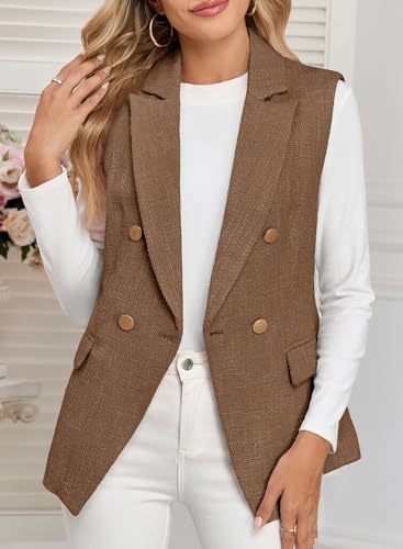 Happy Sailed Women’s Sleeveless Vest Tops 2025 Trendy Double Breasted Tweed Blazer Business Work Suits with Pockets4