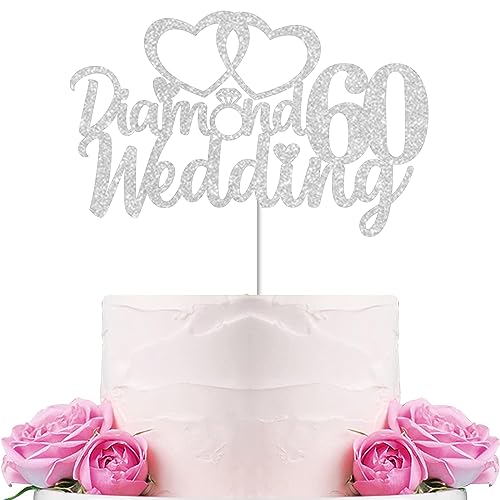Gidobo 60th Wedding Anniversary Cake Toppers with Heart Cupcake Toppers, Glittery Diamond Weddding Anniversary Heart Cake Decoration for Celebration Party Supplies
