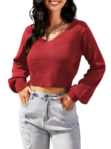 Image of ZAFUL Women's Cropped Sweater V-Neck Long Sleeve Pullover Jumper Knit Top | Crop Length, Ribbed Knit, Double V design, White sweater, Raglan sleeves, lantern sleeve, Fall & Winter, Loose fit, Oversized