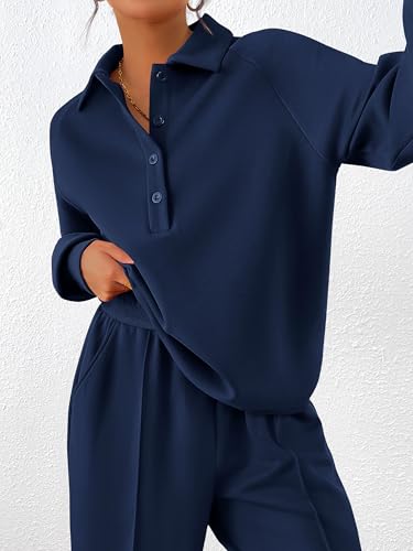 PRETTYGARDEN Women Fall 2 Piece Outfits Sweatsuits Quarter Button Long Sleeve Sweatshirt Wide Leg Pants Tracksuit Lounge Sets3