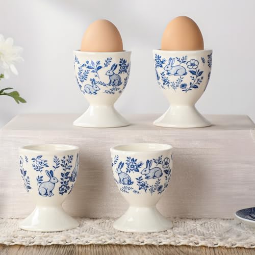 4 Pcs Easter Ceramic Egg Cups for Soft Boiled Eggs Chinoiserie Blue and White Bunny Egg Holders Easter Rabbit Porcelain Soft Boiled Eggs Holder for Holy Week Spring Party Table