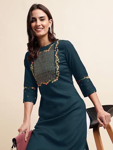 Image of MIRCHI FASHION Women's Straight Fit Rayon Sequins Embroidered and Polka Dots Printed Kurti Only