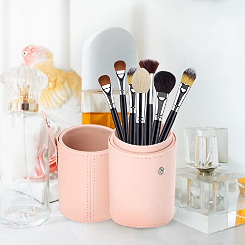 FOMIYES PU Leather Makeup Brush Holder with Lid - Portable Travel Cosmetic Brush Bucket (Apricot), 18x7cm - Image 4