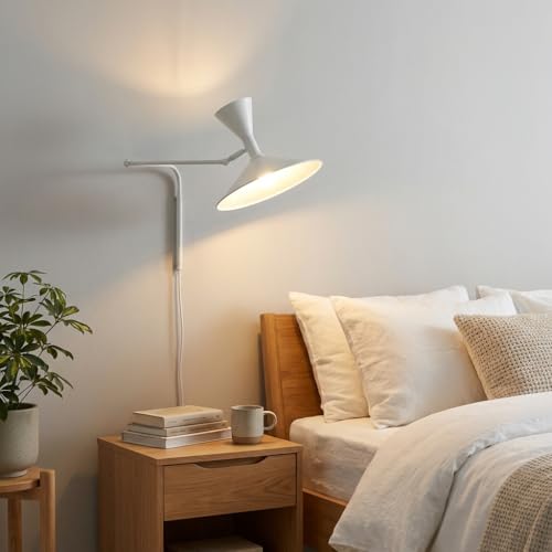 BARCELONA LED Applique Murale Industrielle Grand Modèle 40 cm, Lampe Murale à Bras Articulé, Style Vintage et Moderne, Abat-jour Métal Blanc Intérieur...