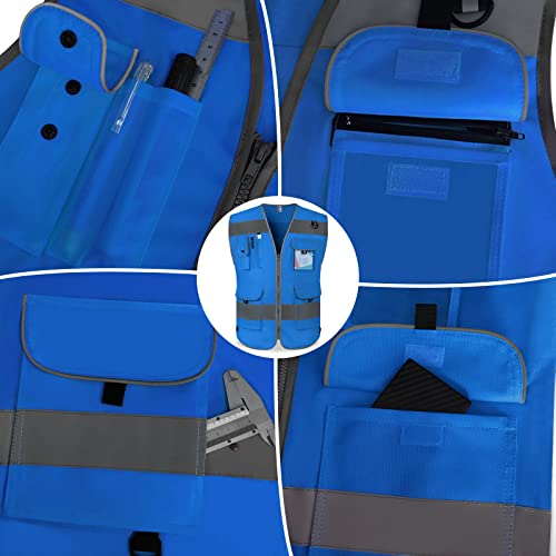 TCCFCCT Blue Safety Vest for Men Women 9 Pockets High Visibility Reflective Vest for Safety, Work Vest with Reflective Strips, Meets ANSI/ISEA Standards, Large