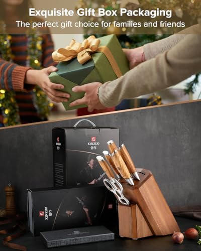 XINZUO Set Cuchillo Cocina con Bloque de Cuchillos 8 Piezas, Acero en Polvo de Damasco de 73 Capas Juegos de Cuchillo de Chef Profesional-Mango de Madera de Olivo -con Tijeras de Cocina y Chaira - imagen 13