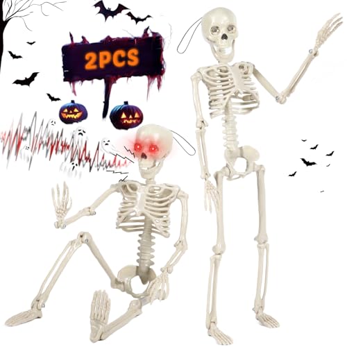 Vleuexe Decoração de Halloween 2 peças esqueleto móvel de osso 40 cm esqueletos de Halloween iluminados com som articulações móveis para decoração de casas assombradas de Halloween Props
