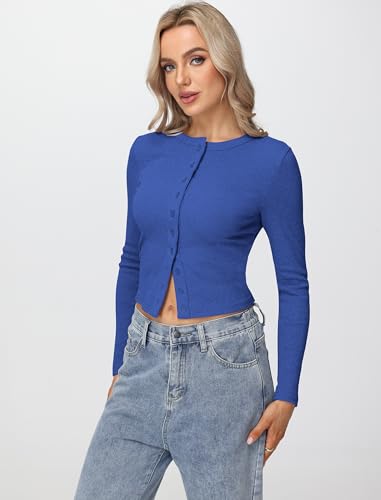 Womens Long Sleeve Tops Fall Lightweight Cardigan Cropped Going Out Shirts Ribbed Button Down Cute Trendy 2025