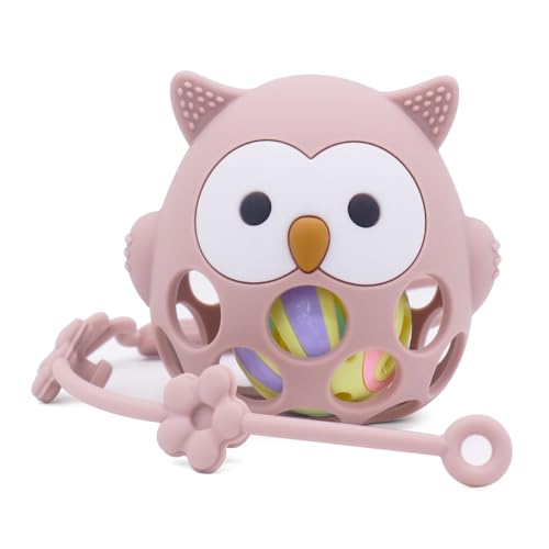 MÜVI - Mordedor bebé con sonajero – Juguete de dentición +3 meses – Silicona alimentaria, suave y sin BPA – Fácil de agarrar y morder – Alivio para encías – Baby teething, baby teether. (Rosa Palo)