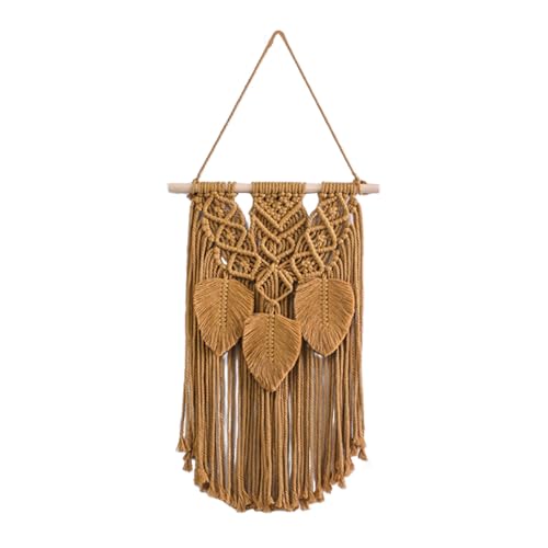 Handmade Macrame Wall Hanging, Cotton Rope Boho Tapestry with Wooden Beads, Woven Leaf Design, 13.7x24 Inch, Living Room Bedroom Decor (Orange, One Size)