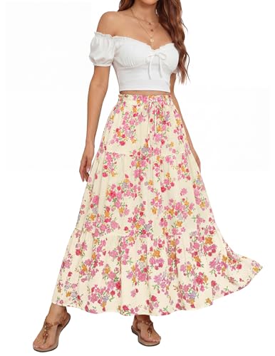 Image of ZESICA Women's 2026 Summer Bohemian Floral Printed Elastic Waist A Line Maxi Skirt with Pockets