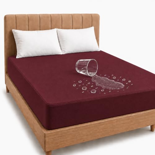 Image of Babylee 100% Waterproof King XL 78x72 Inch 6.5x6 Ft Fits Upto 10 Inch Mattress | Premium Terry Cotton Breathable Bed Protector | Mattress Cover for Double Bed | Maroon