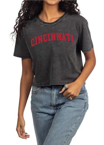 Chicka-d Women's Vintage Crop Top Short 'n Sweet Tee NCAA Classic Arch Over Team Color, Cincinnati Bearcats, Graphite, Small