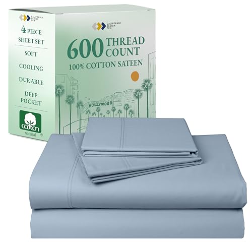 California Design Den California King Sheet Set - 100% Cotton, 600 Thread Count Deep Pocket Cal King Sheet Set, Luxury Hotel-Quality Sheets with Soft Sateen Weave - Blue