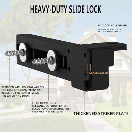 Image of Sdstone Slide Gate Latch,Heavy Duty Door Latch with Padlock Hole,Adjustable Latch Lock with Two Rolling Wheels,Fit for Wooden Fences,Shed,Cottages Farmhouse, Outdoor and Interior Door (Matte Black)