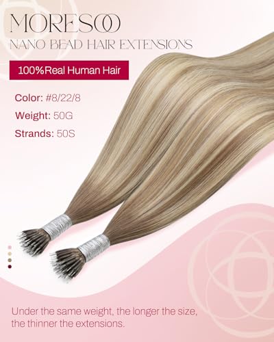 Image of Moresoo Nano Extensions Human Hair, Brown Dirty Blonde Ombre, 22 Inch | 50g 50 strands, extended straight length, lightweight nano placement for evening looks and buildable fullness