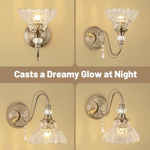 Image of 1 Piece Brushed Nickel Finish Wall Sconce, 1-Light Modern Wall Sconce with Hanging Crystal Accents and Flower-Shaped Clear Shades for Bathroom Bedroom Living Room,Modern Vanity Light