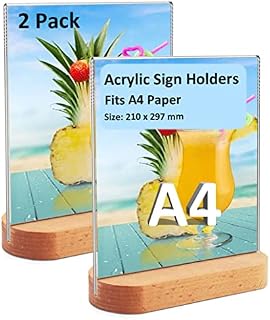 A4 Acrylic Menu Sign Holder Plastic Display Stands Sign Wood Base Double Sided Menu Holder for Tables Counter Poster Sign Display Stand for Restaurant Store Bar Company , 2 Pack