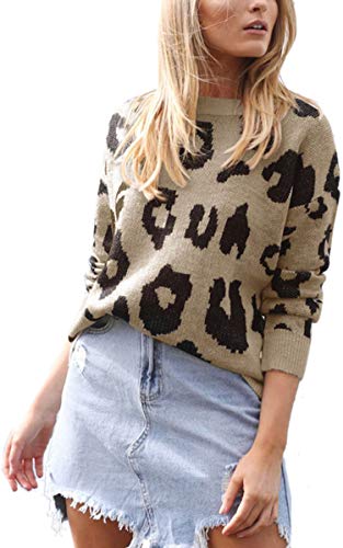 Angashion Women's Causal Long Sleeve Crew Neck Leopard Print Knitted Pullover Sweater Tops Khaki M